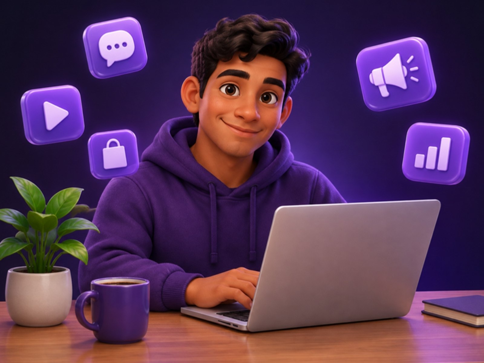 Personaje animado con buzo morado trabajando en su portátil, rodeado de íconos de mensajes, videos, compras, anuncios y métricas