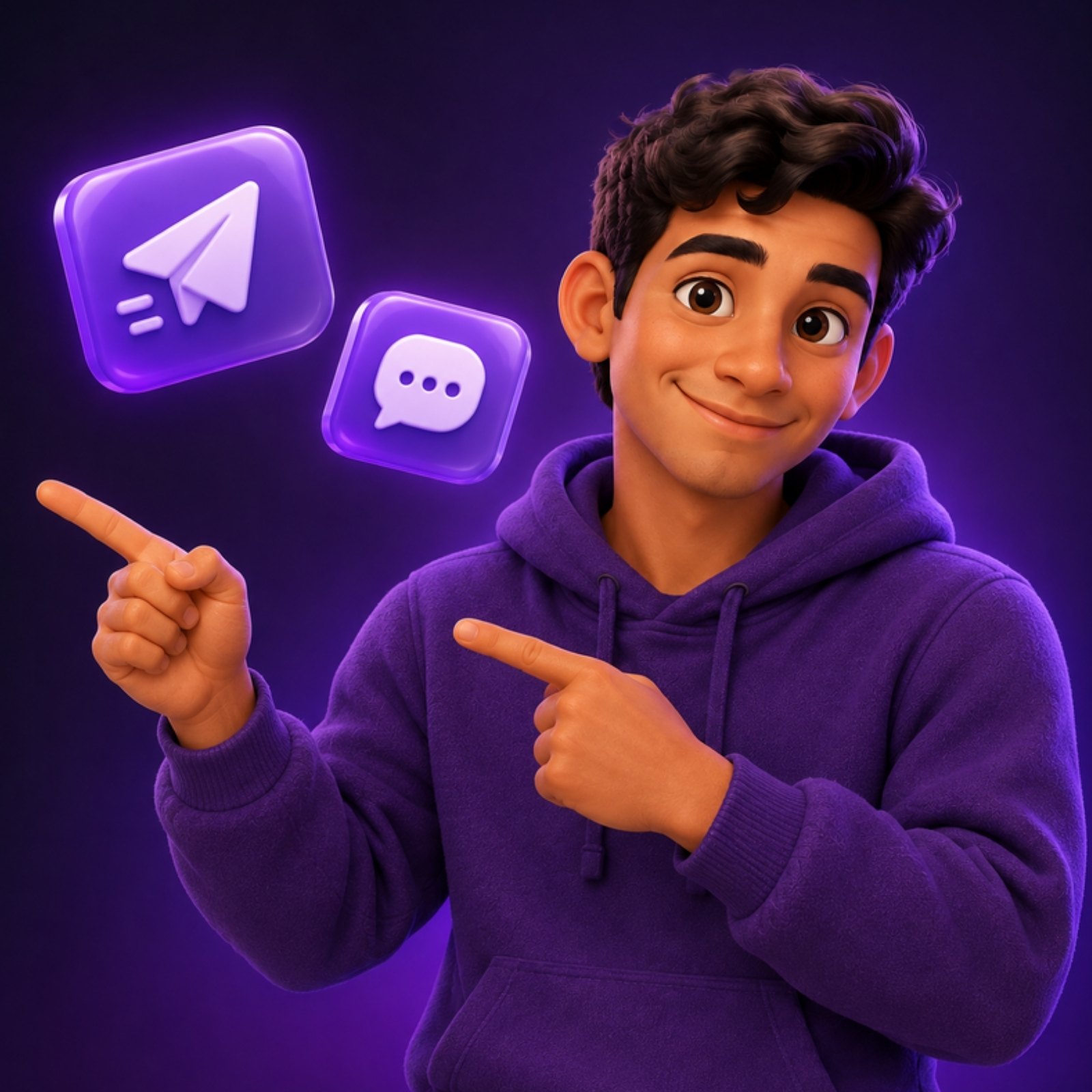 El personaje animado señalando con ambos dedos, junto a íconos de mensaje